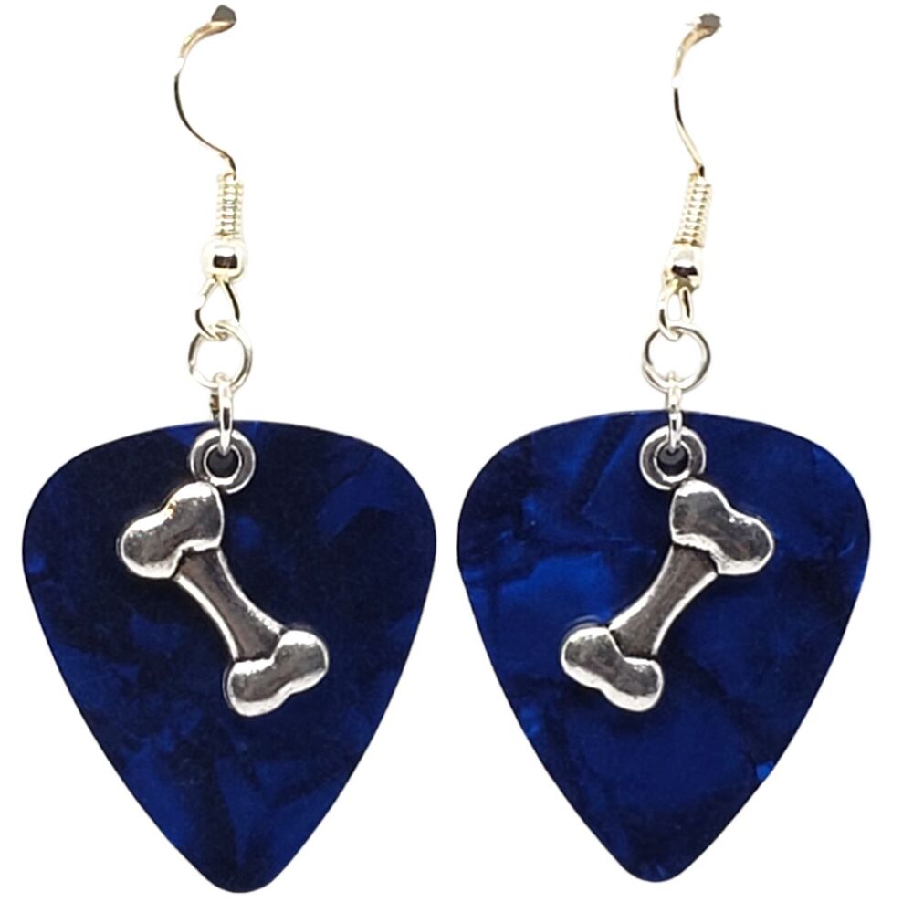 Dog Puppy Bone Charm on Guitar Pick Earrings - Choose Color - Handmade in USA